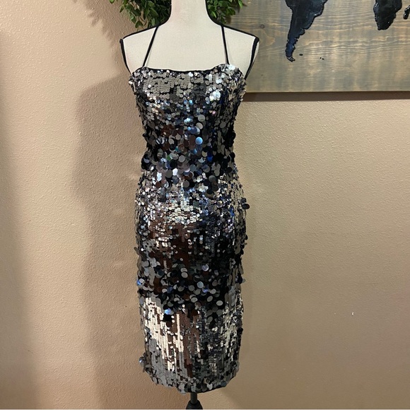 NWOT Lulus Superior Shine Silver Sequin Lace-Up Midi Bodycon Dress - Picture 2 of 11